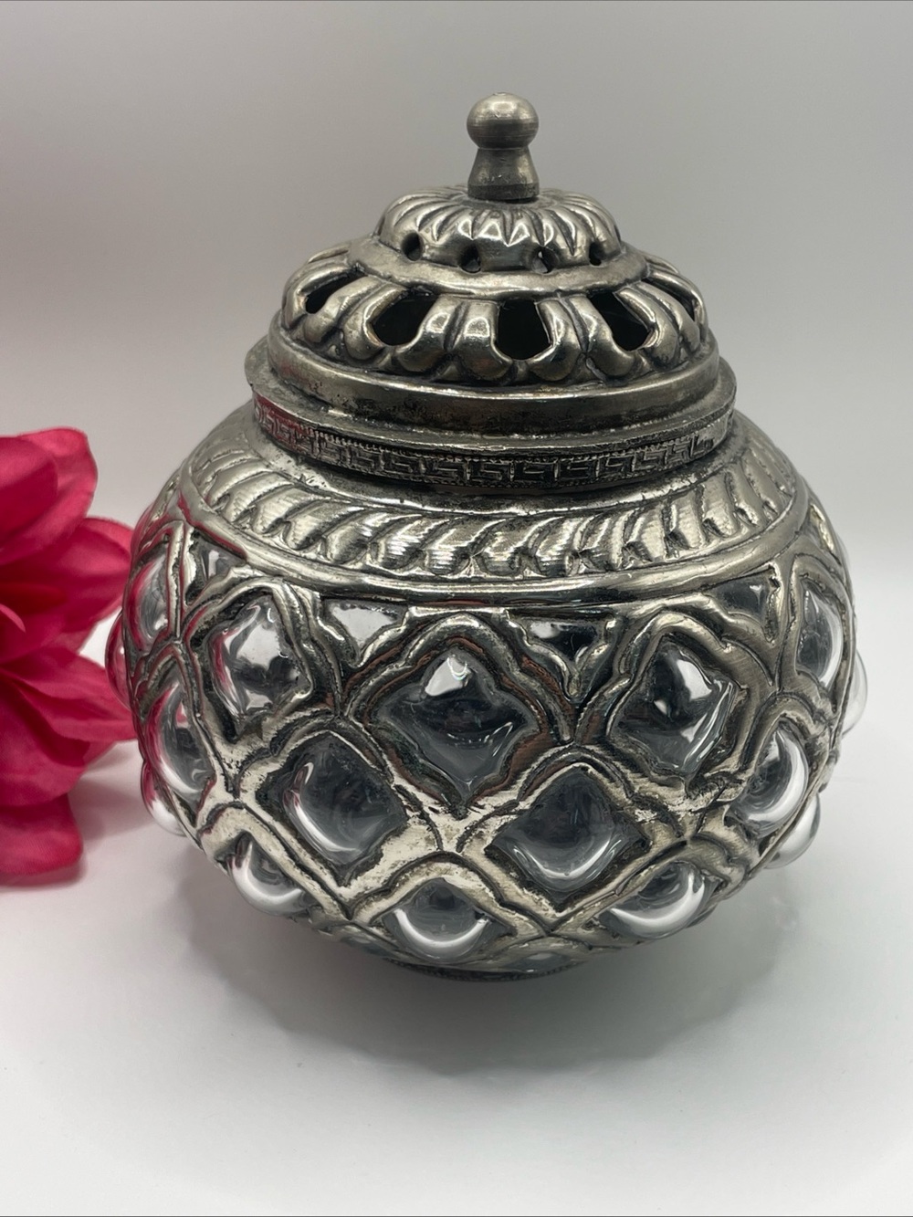 Vintage Silver-Toned Metal Caged Bubble Glass Apothecary Jar